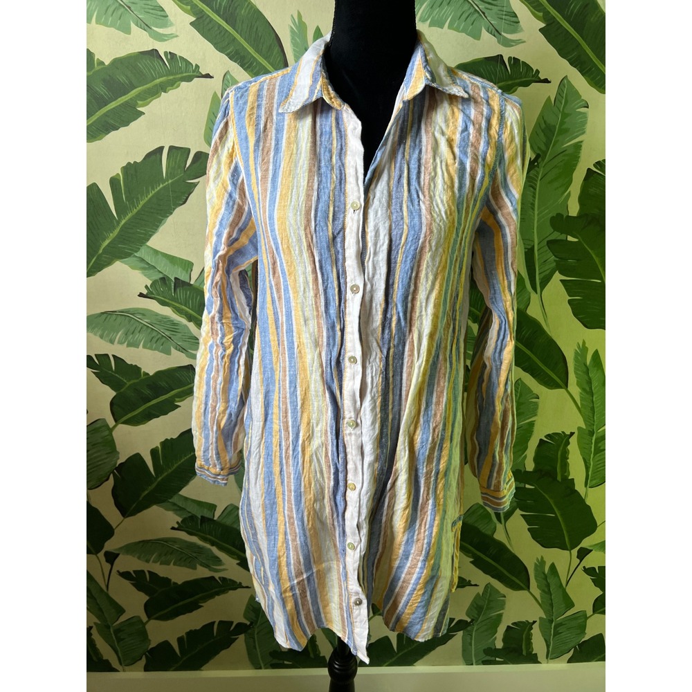 JNY Jones New York Linen Striped Button Down Shirt Womens Medium Blue Orange